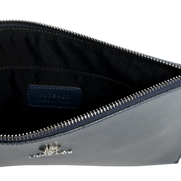 Versace Blue Leather La Medusa Top Handle Bag Versace | TLC Versace Blue 100% Textured Leather Medusa Logo Wristlet Clutch